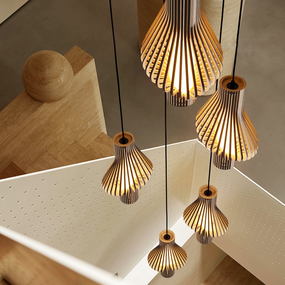 Mid-Century Curved Wood Slat Pendant Lamp