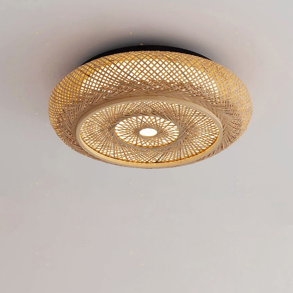 Mid-Century Woven Bamboo Flush Mount Natural Textured Ceiling Lighting