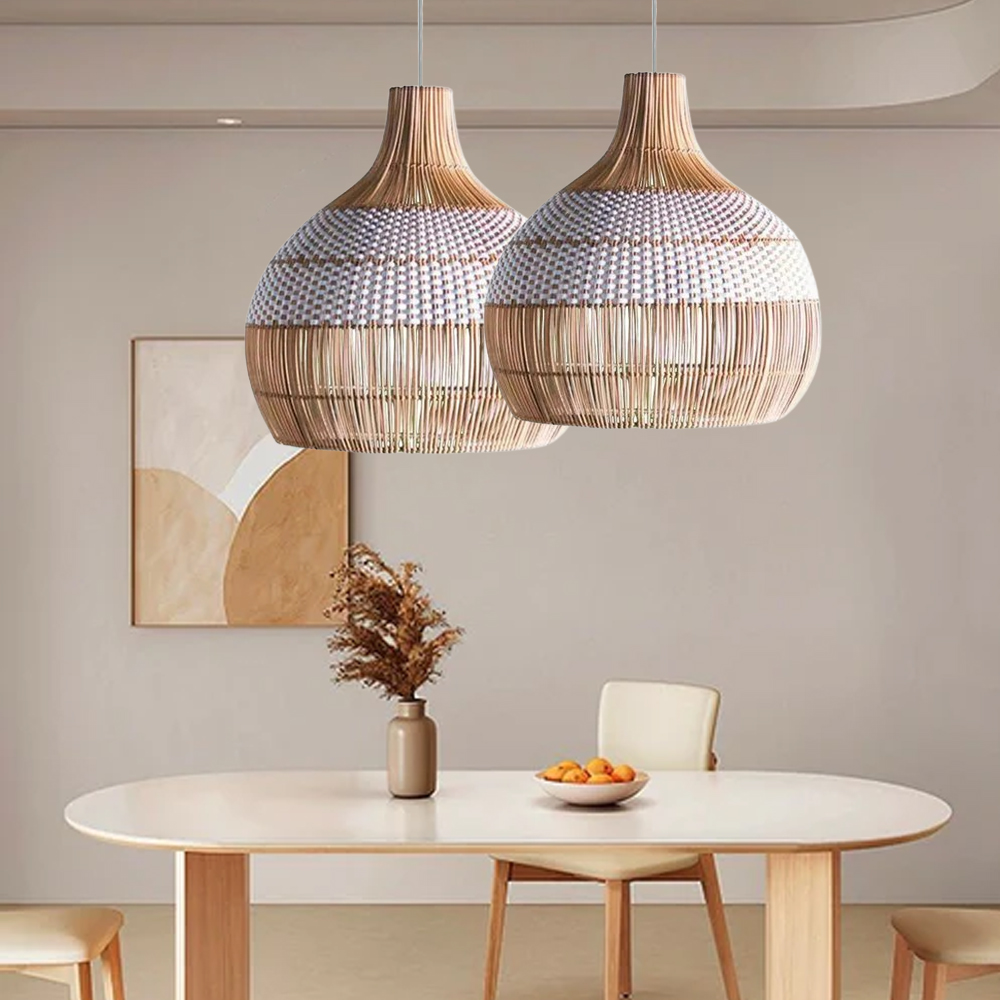 White Handwoven Rattan Pendant Light Woven Lampshade Boho Home Decor