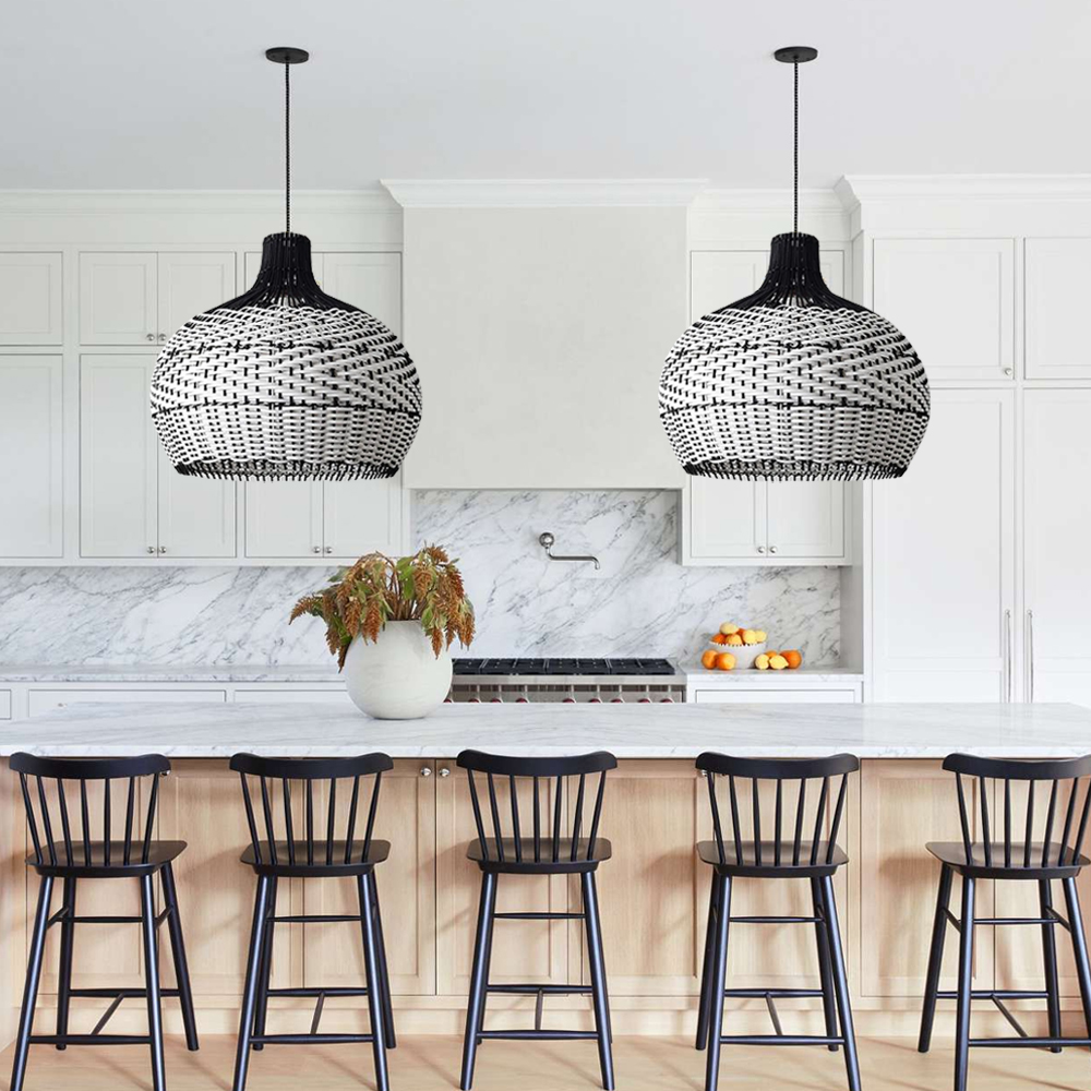Kitchen Island Wicker Rattan Chandelier Black White Lampshade