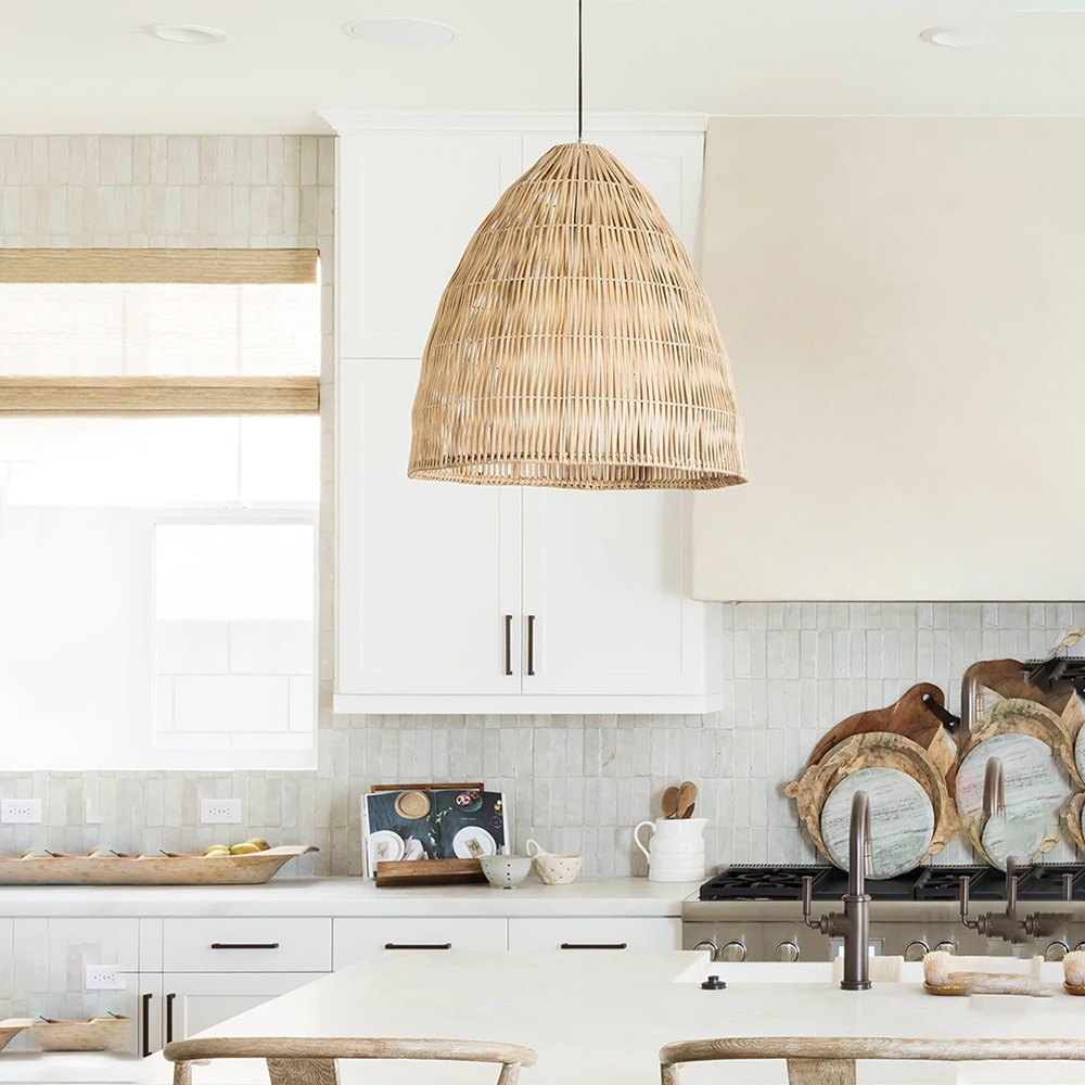 Bohemian kitchen island rattan pendant light bell shaped bedroom bedside lamp