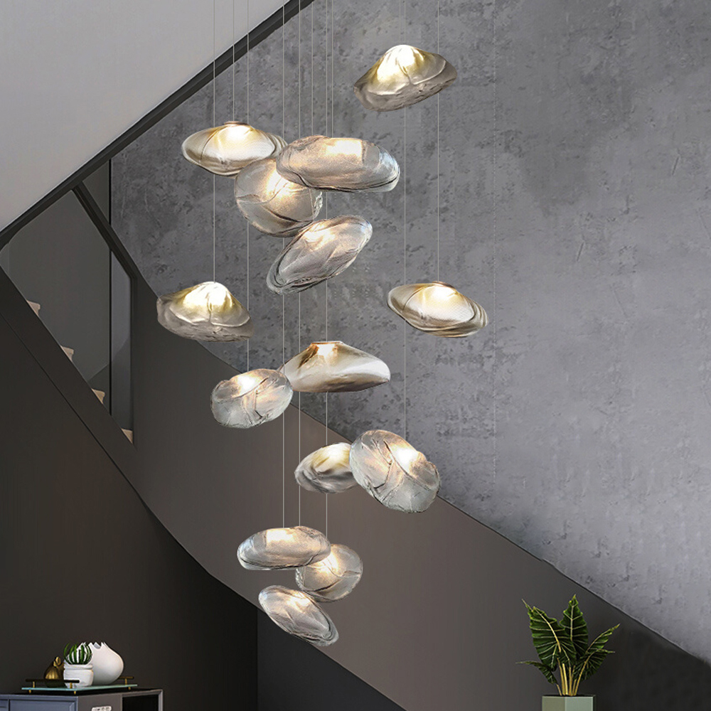 Large space loft staircase chandelier hotel lobby cloud glass long hanging chandelier duplex apartment pendant light