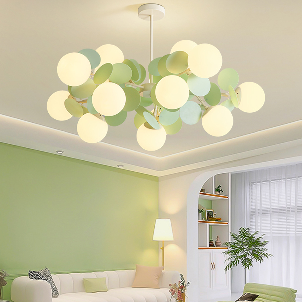 French Cream Style Living Room Glass Pendant Light Modern Green Bubble Chandelier