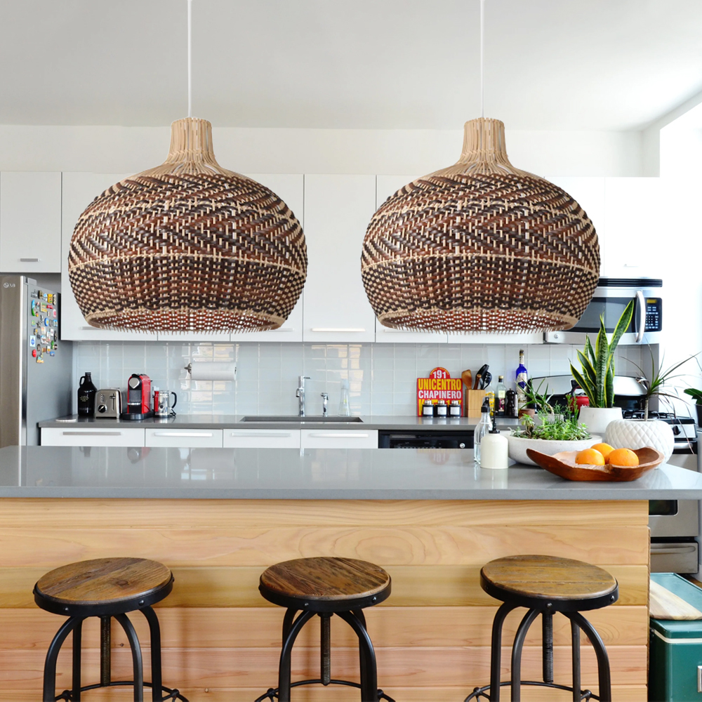 Hand-woven Black And Brown Spliced Rattan Chandelier Herringbone Wicker Pendant light