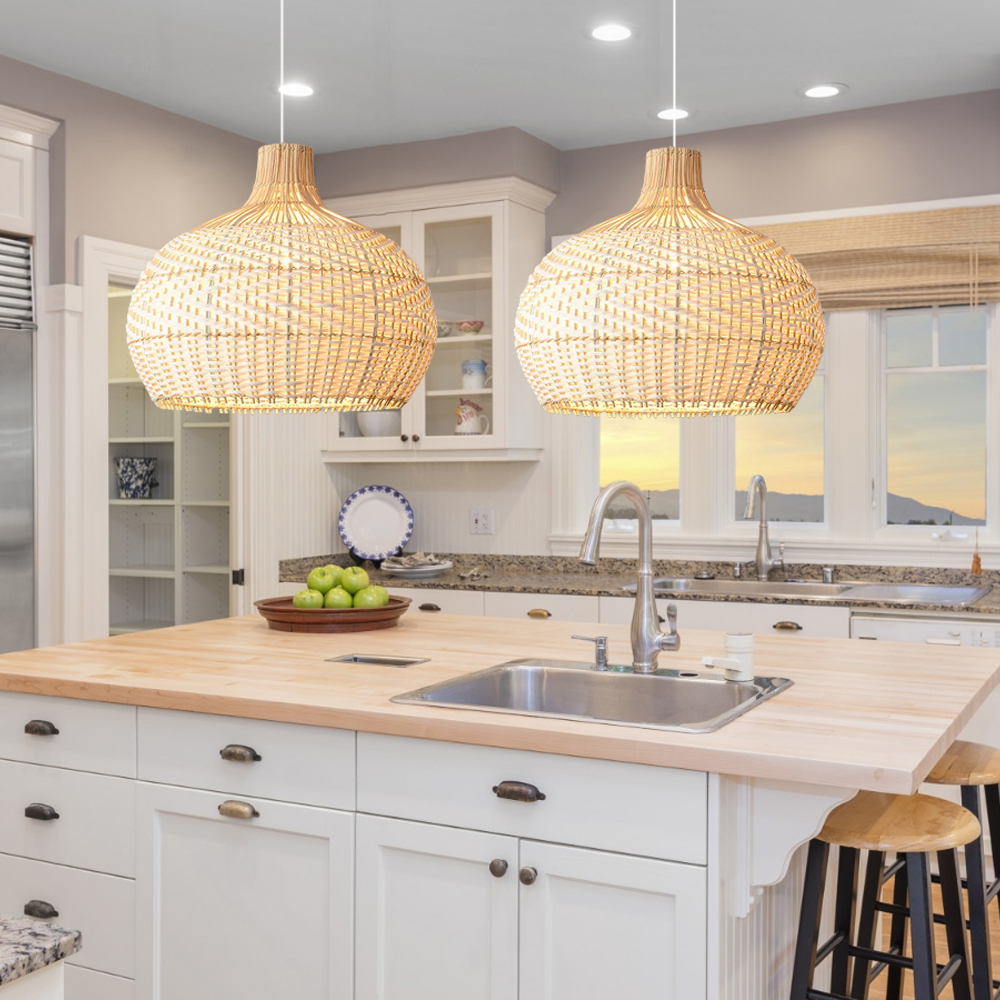 Natural Rustic Rattan Pendant Lampshade White Plastic Strip Hand Weaving Hanging Chandelier