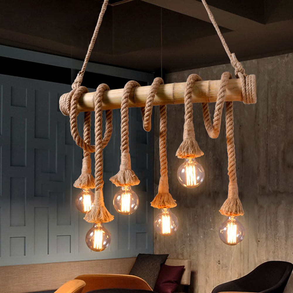 American Retro Bamboo Tube Hemp Rope Chandelier Creative Pendant Light