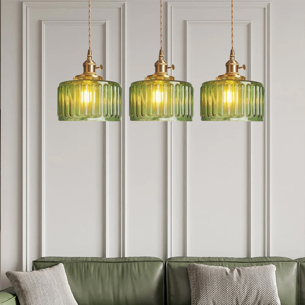 Classic Vintage Green Glass Pendant Light Cylinder Wavy Small Light Fixture