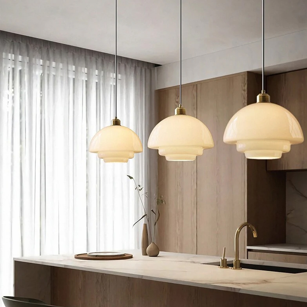 Mid-century Modern Glass Chandelier Multi-Layered Milk White Pendant Light