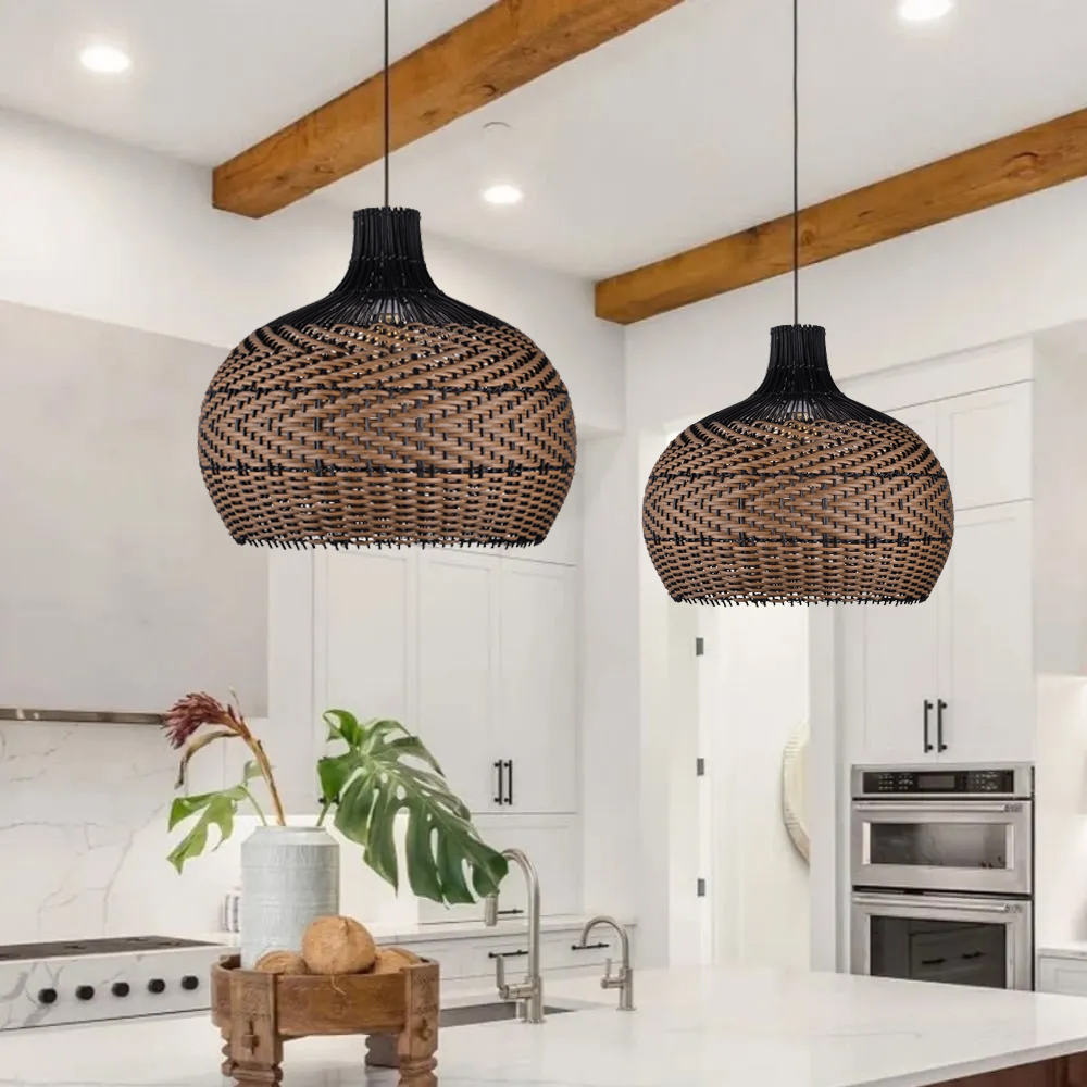 Wabi-sabi Black Rattan Ceiling Light Beautiful Herringbone Weave Pattern Pendants