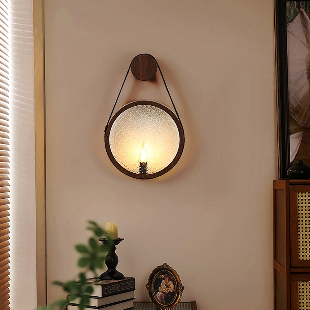 Wabi Sabi Style Retro Walnut Wood Grain Glass Hanging With Wall Lamp