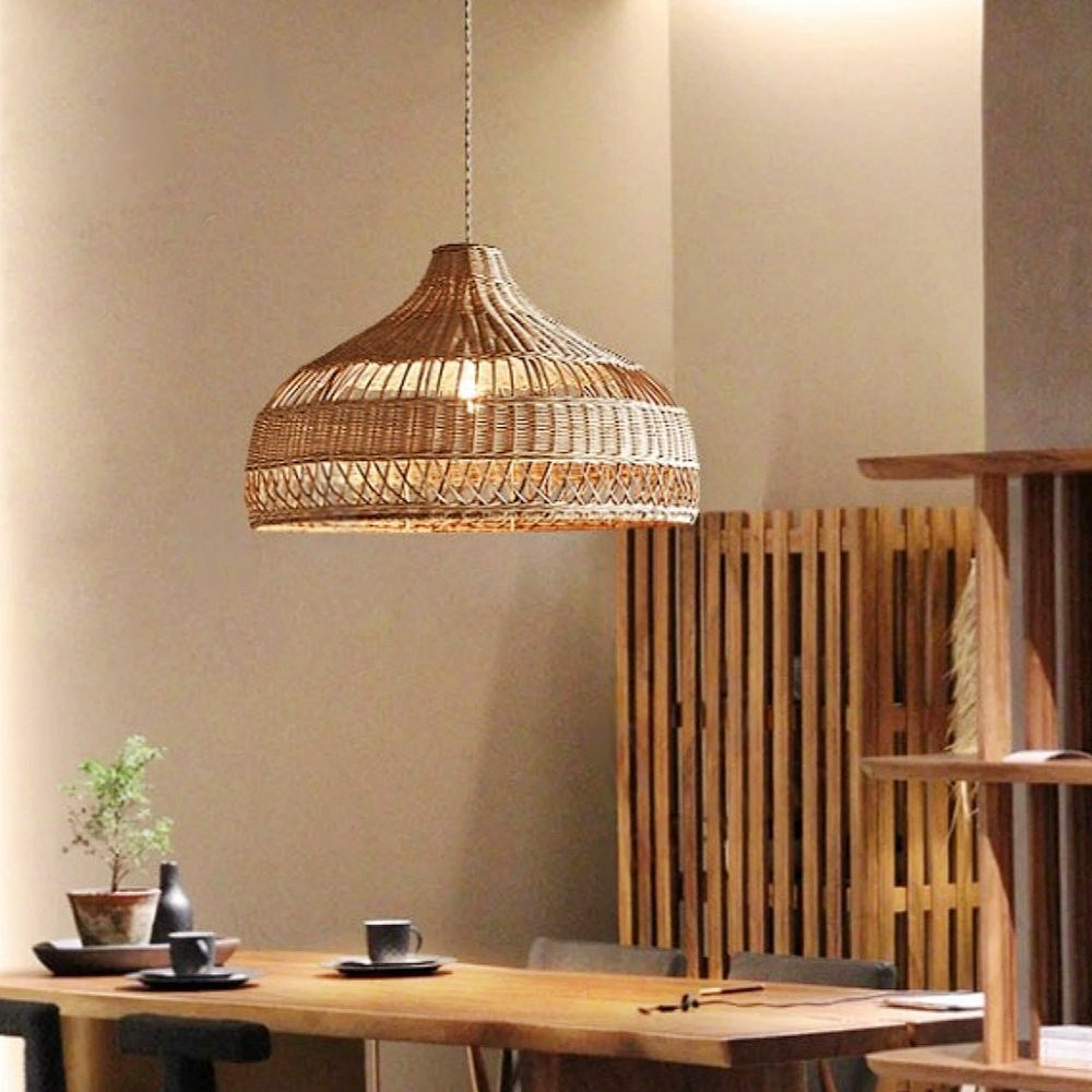 Modern Handwoven Hollow Rattan Pendant Lamp Shade For Dining Room Living Room