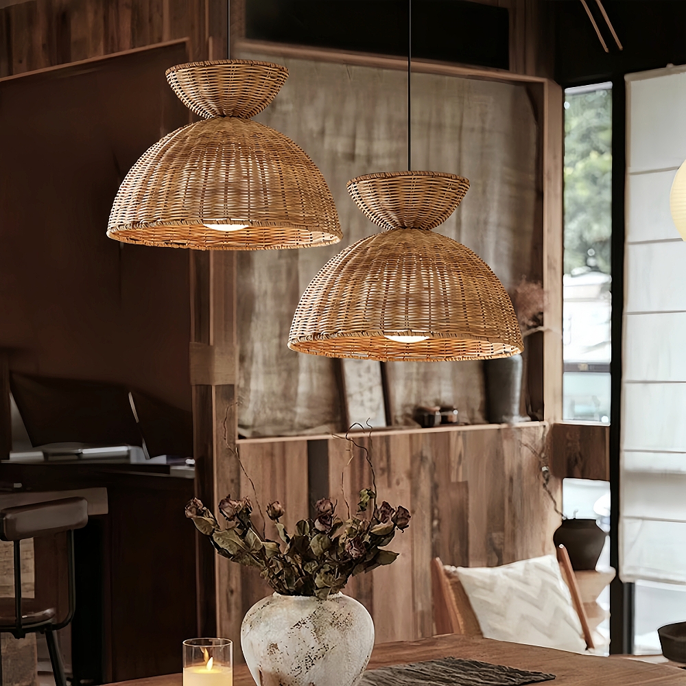 Wabi Sabi Style Dark Handmade Rattan Bird's Nest Shaped Pendant Light