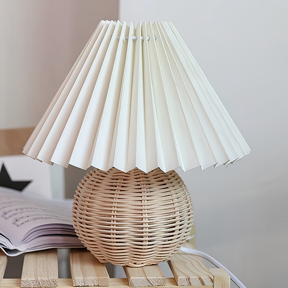 Nordic Style Retro Fabric Pleated Lampshade Rattan Woven Small Table Lamp