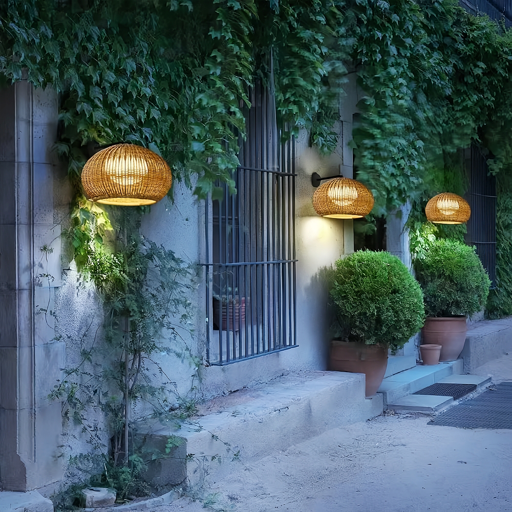 Woven Rattan Waterproof Outdoor Wall Lamp For Courtyard