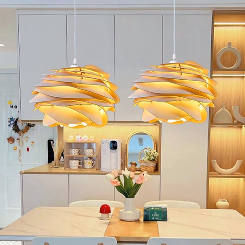 Wabi Sabi Artisanal Retro Rose Shape Solid Wood Pendant Light