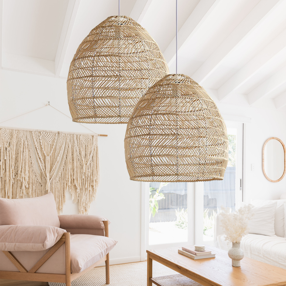 Bohemia Natural Rattan Woven Pendant Light Tatami Black Hanging Lamp Coastal Design