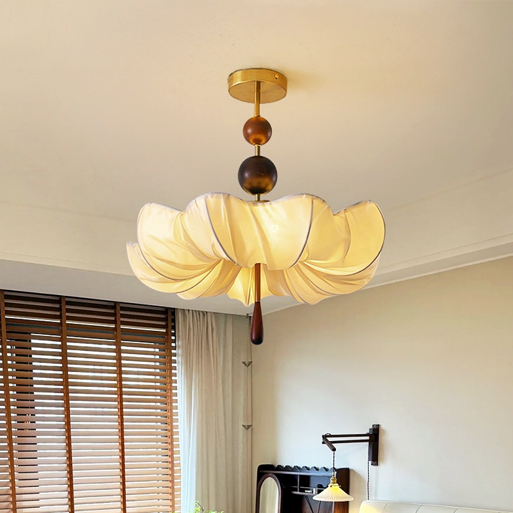 Retro Cream Aesthetic Restaurant Semi-Flush Mount Fabric Flower Ceiling Light