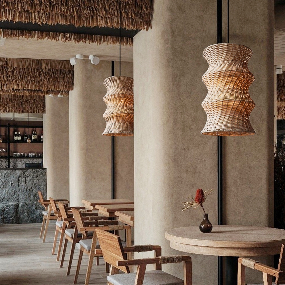 Artisanal Wabi-Sabi Rattan Wavy Column Pendant Light