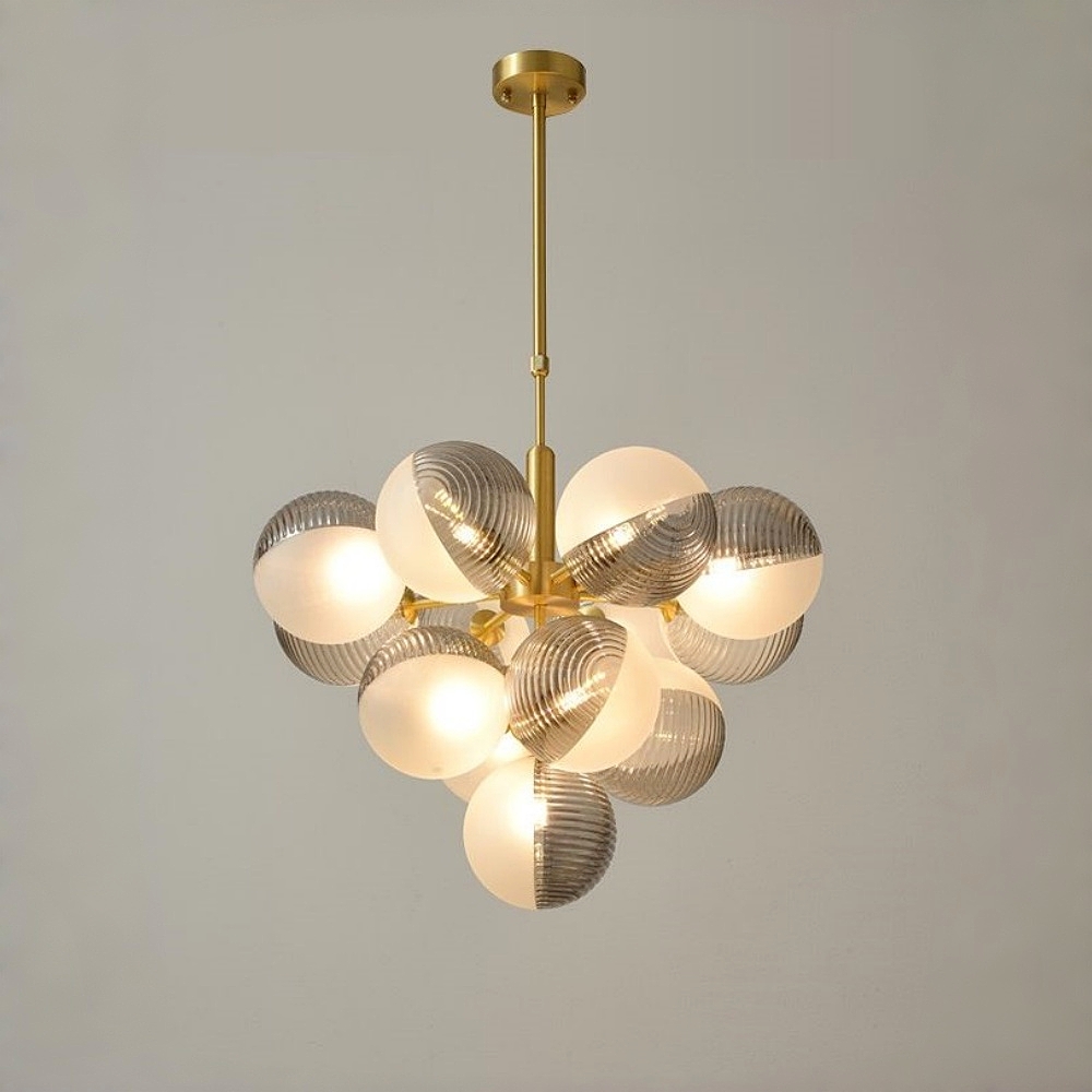 Contemporary Sculptural Ribbed Glass Globe Chandelier Brass Finish