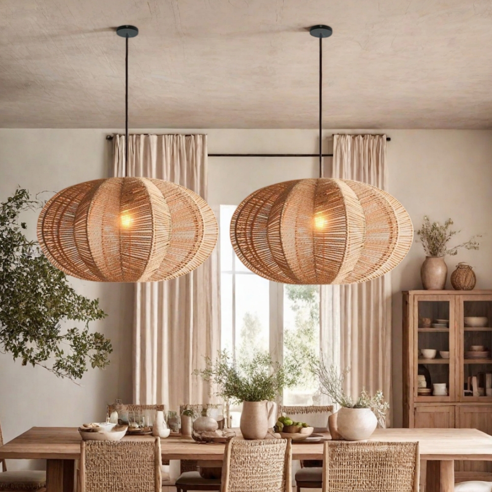 Bohemian Woven Rattan Oval Pendant Lamp Natural Textured Lighting