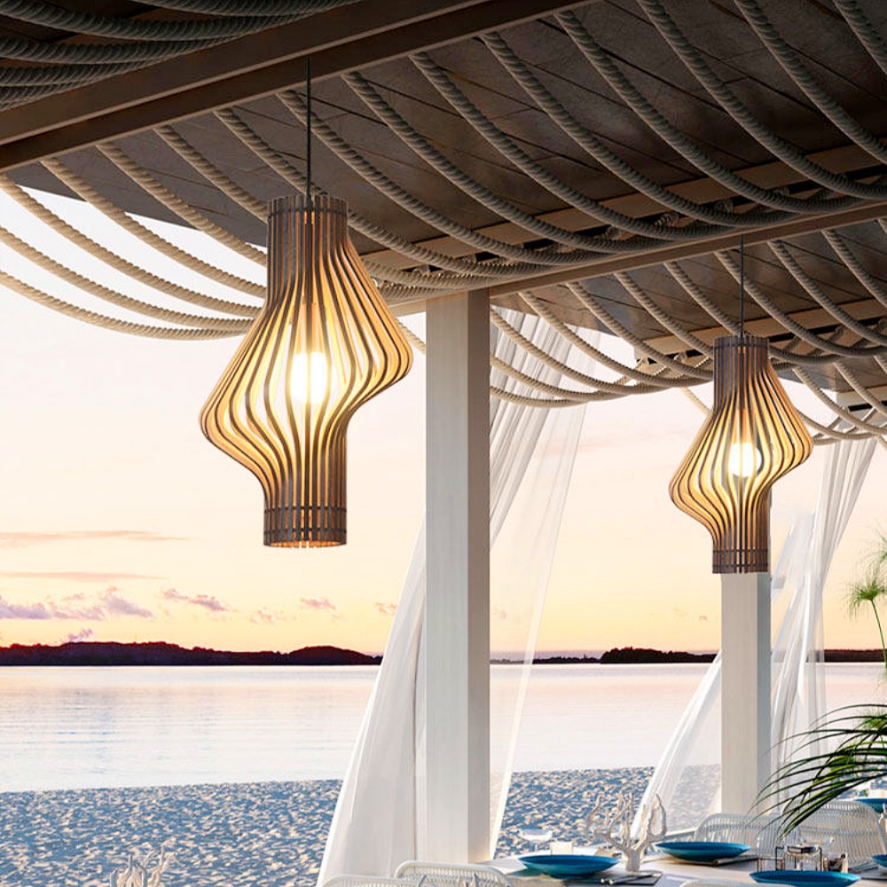 Mid-Century Curved Wood Slat Pendant Lamp