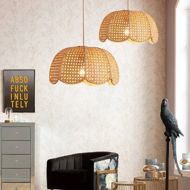 Rattan Scalloped Dome Pendant Lampshade Simplicity Rattan Hanging Chandelier