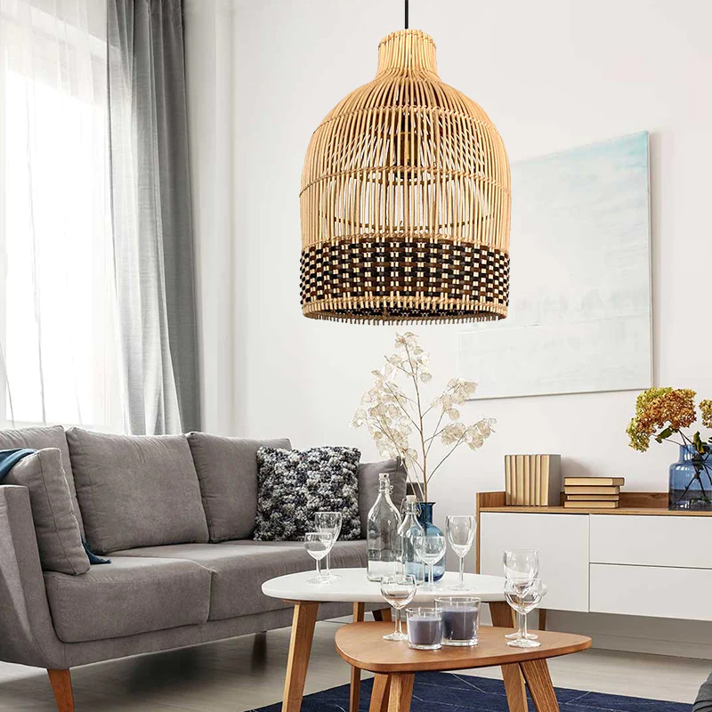 Hand Woven Black Rattan Pendant Lamp Shades Dining Room New Light Fixture