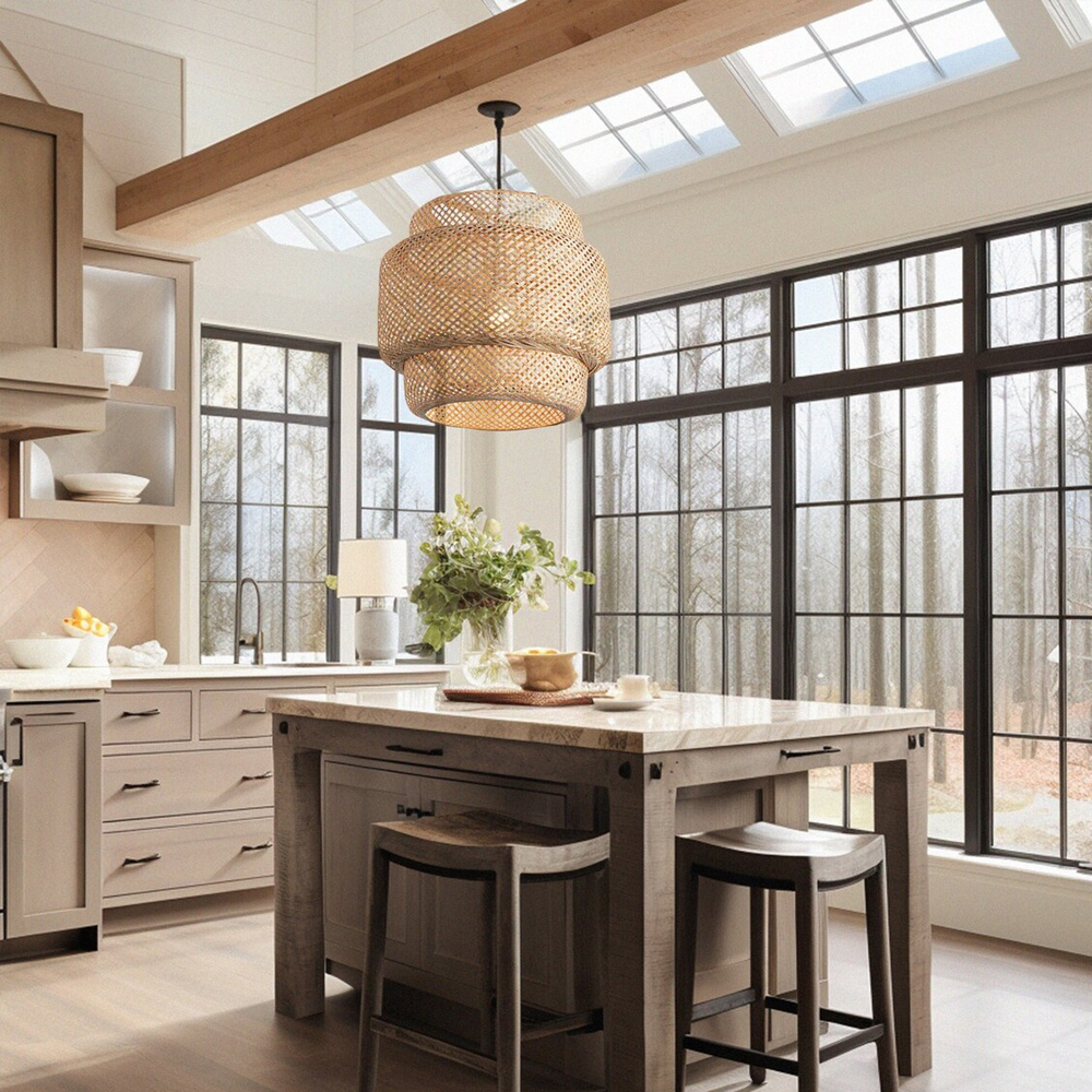 Natural wicker bamboo pendant light fixture restaurant dining room decor lamp shade