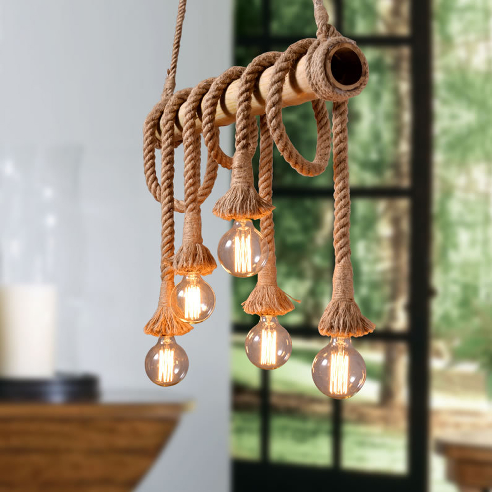 American Retro Bamboo Tube Hemp Rope Chandelier Creative Pendant Light