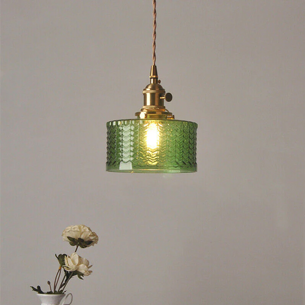 Classic Vintage Green Glass Pendant Light Cylinder Wavy Small Light Fixture