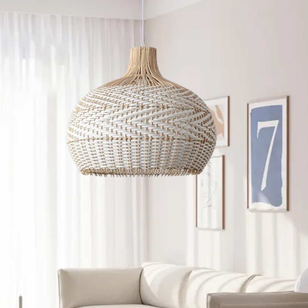 Natural Rustic Rattan Pendant Lampshade White Plastic Strip Hand Weaving Hanging Chandelier