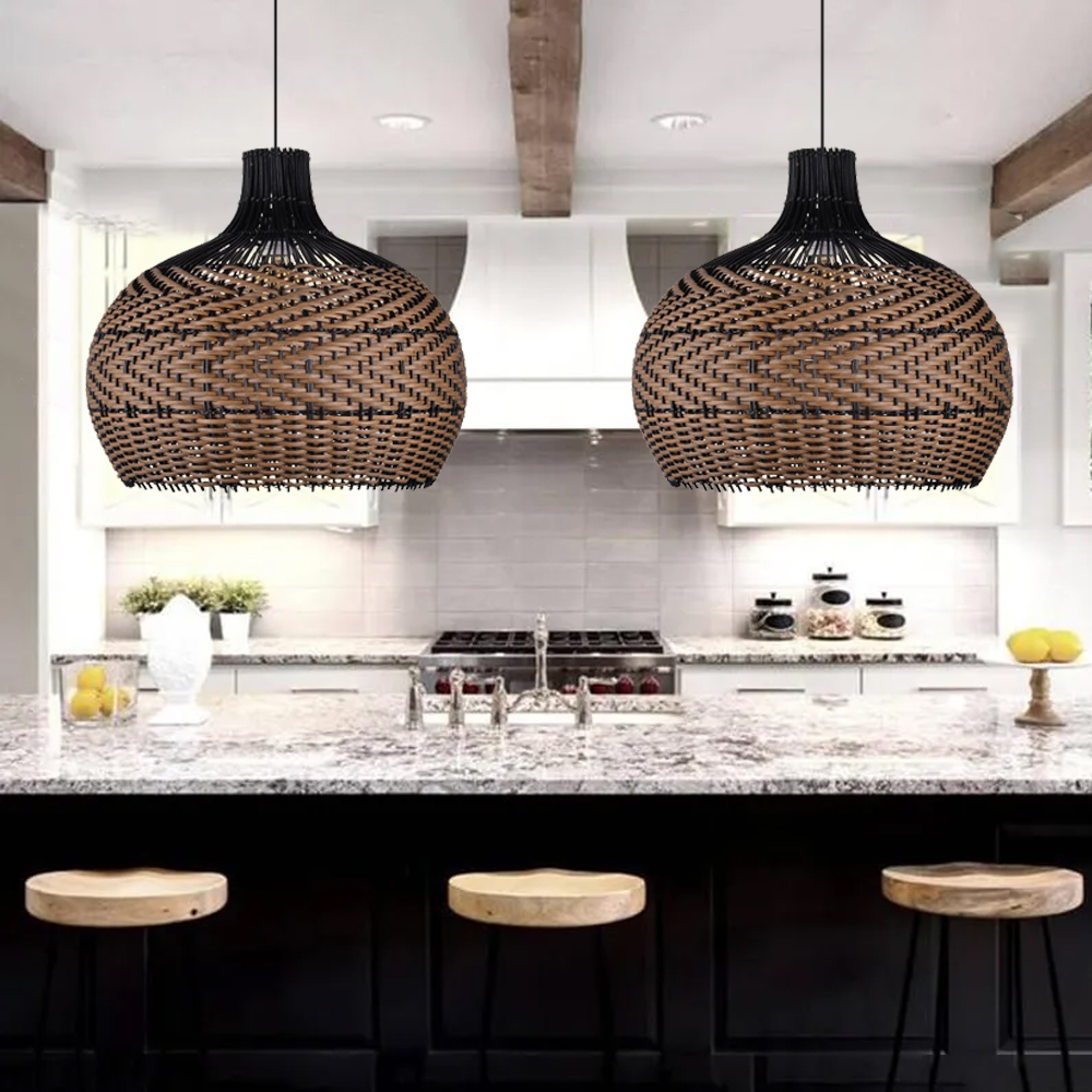 Wabi-sabi Black Rattan Ceiling Light Beautiful Herringbone Weave Pattern Pendants