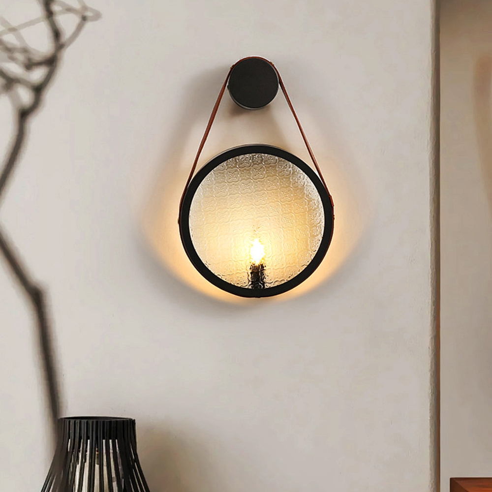 Wabi Sabi Style Retro Walnut Wood Grain Glass Hanging With Wall Lamp