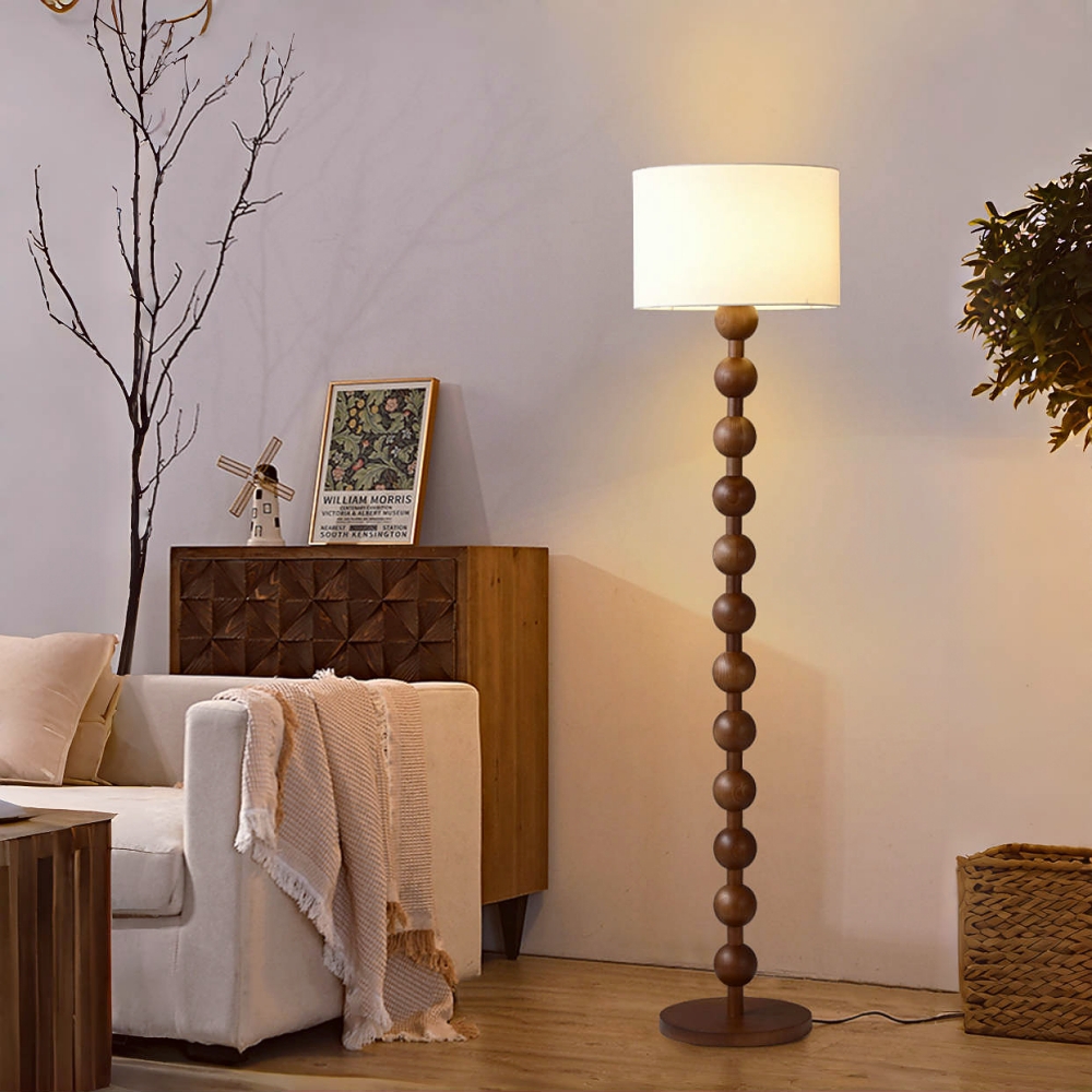 Retro White Wax Wood Fabric Lampshade Bedroom Floor Lamp