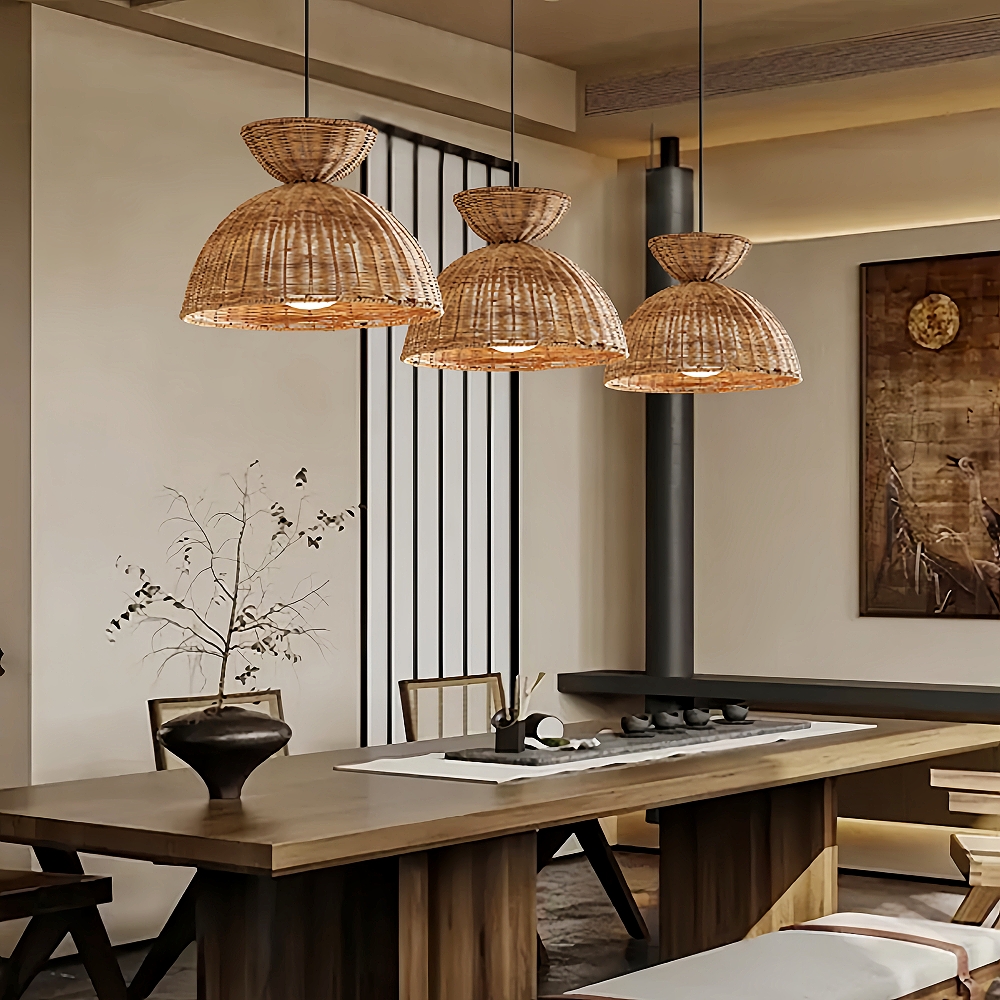 Wabi Sabi Style Dark Handmade Rattan Bird's Nest Shaped Pendant Light