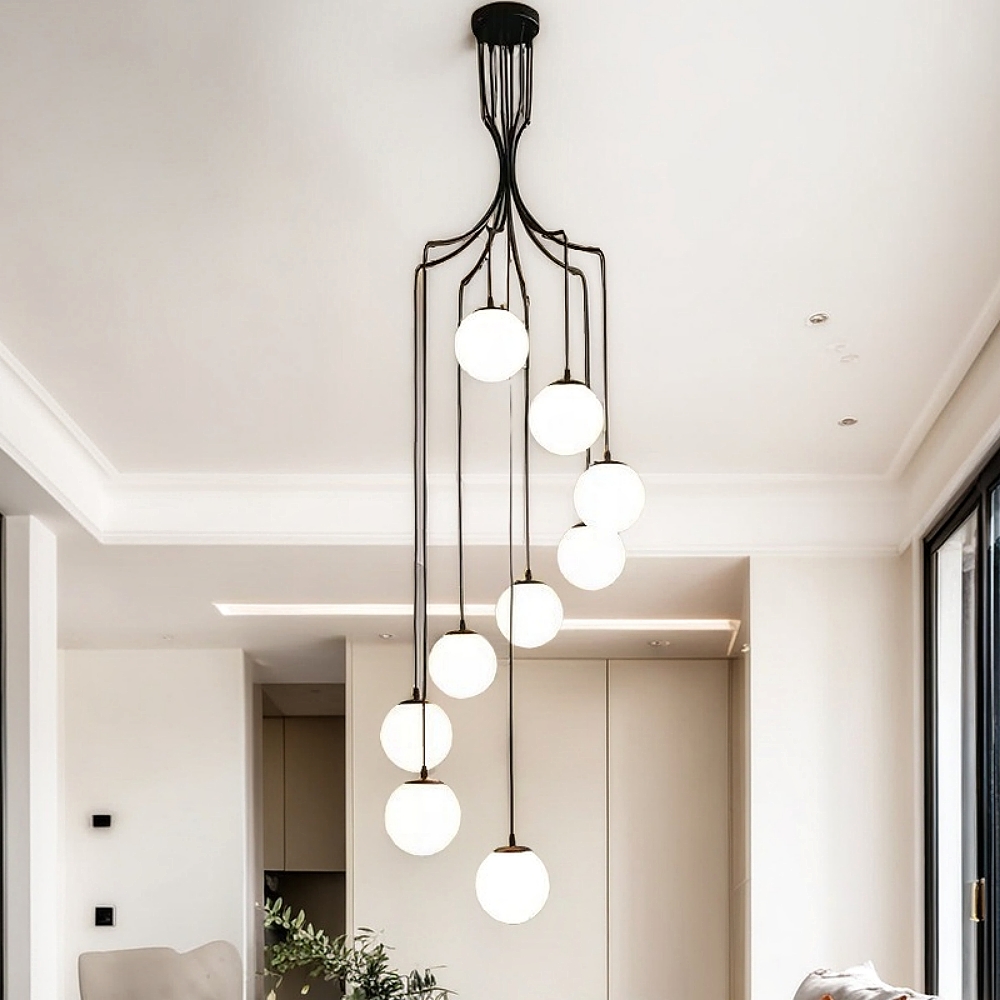 Hardwired Black Staircase Pendant Lights 400 CM/13.12ft Long Multiple Glass Sphere Chandelier