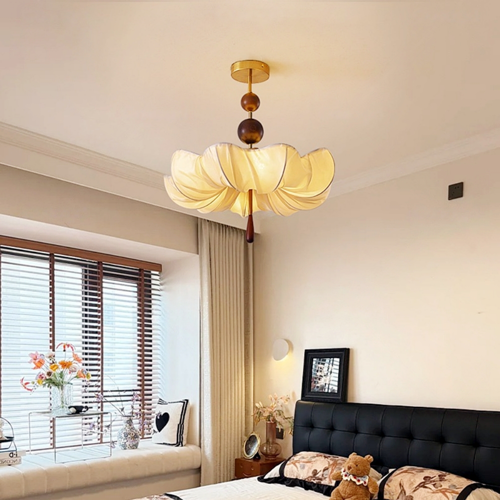 Retro Cream Aesthetic Restaurant Semi-Flush Mount Fabric Flower Ceiling Light