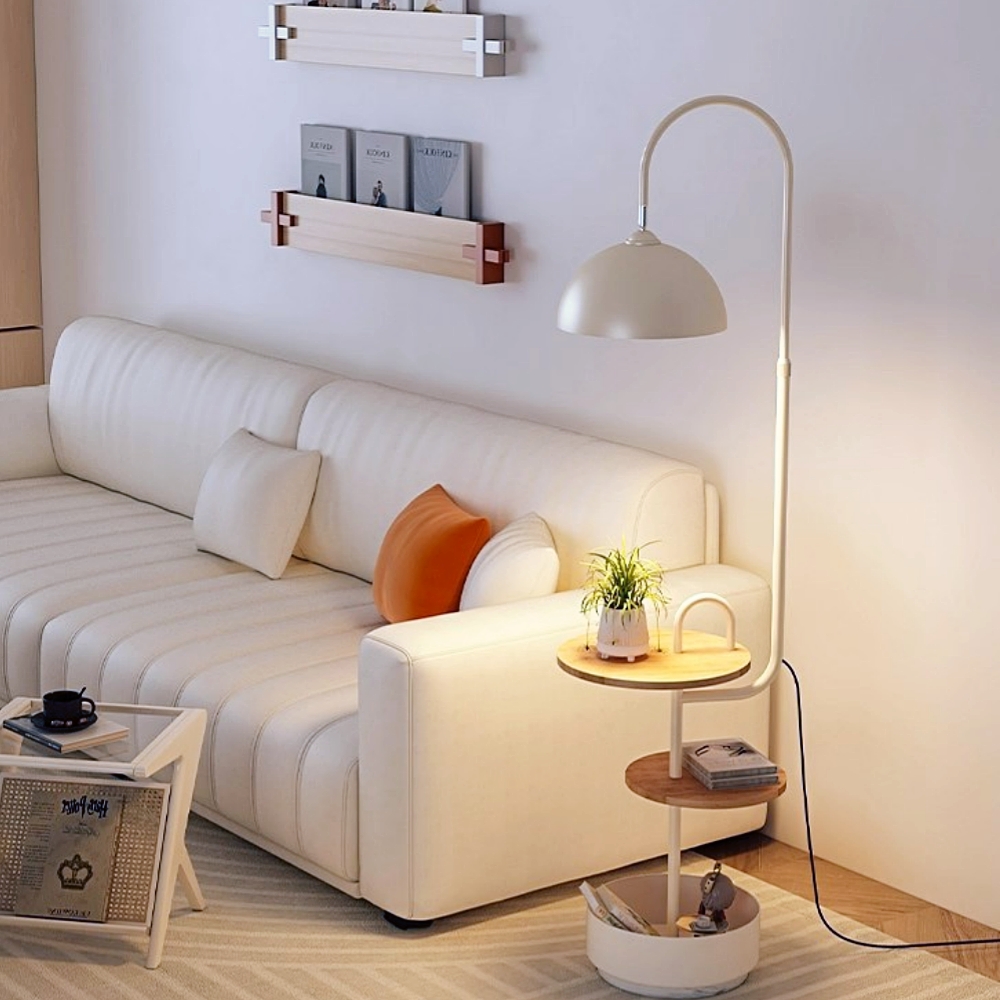 Modern Iron & Marble Floor Lamp with Integrated Storage Rack - Kids Room/Study