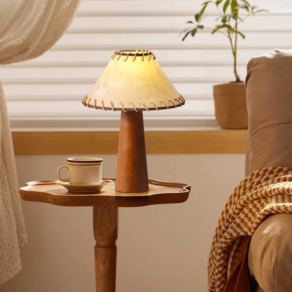 Mid-Century Vintage Dark Solid Wood Parchment Table Lamp