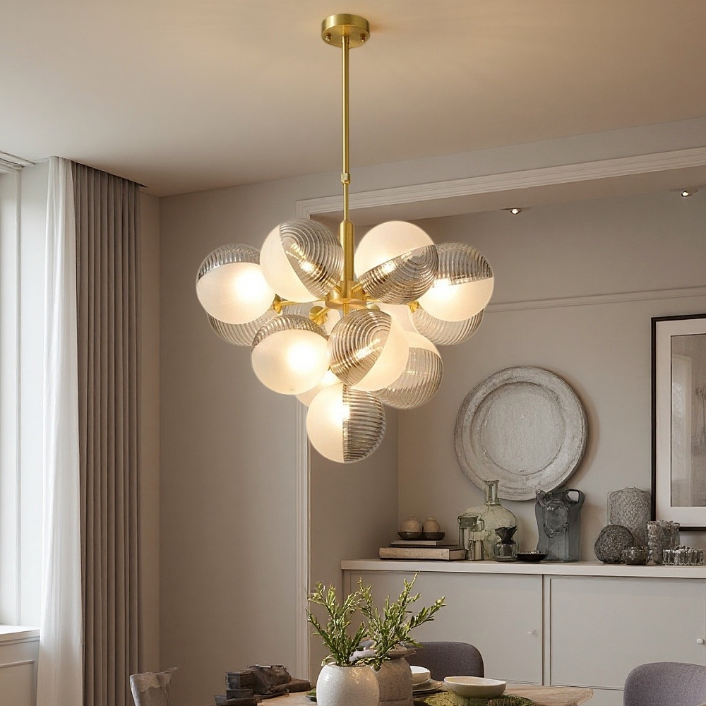 Contemporary Sculptural Ribbed Glass Globe Chandelier Brass Finish