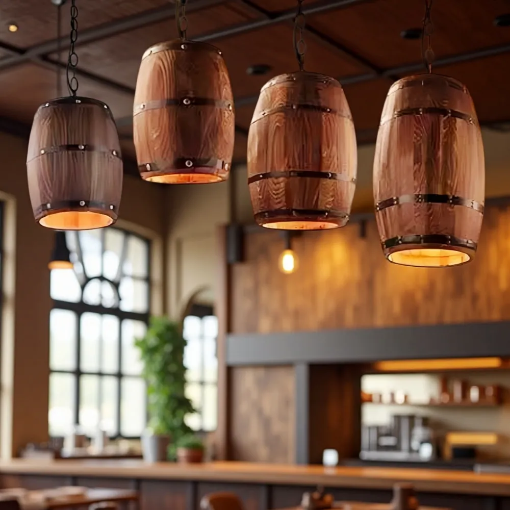 Industrial Farmhouse Style Oak Barrel Cylinder Pendant Light