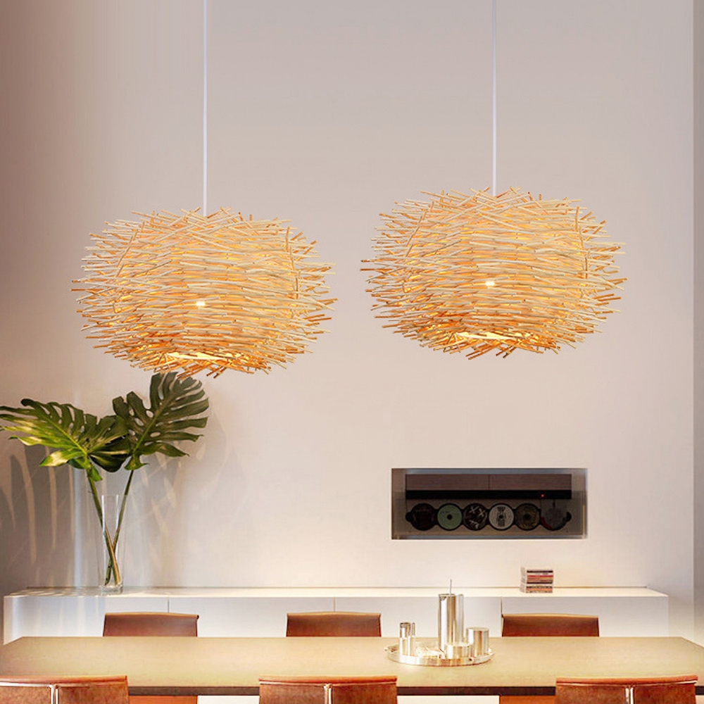 Artisanal Twig Weave Sphere Pendant Rustic Natural Glow