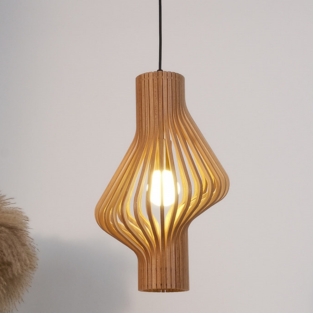 Mid-Century Curved Wood Slat Pendant Lamp