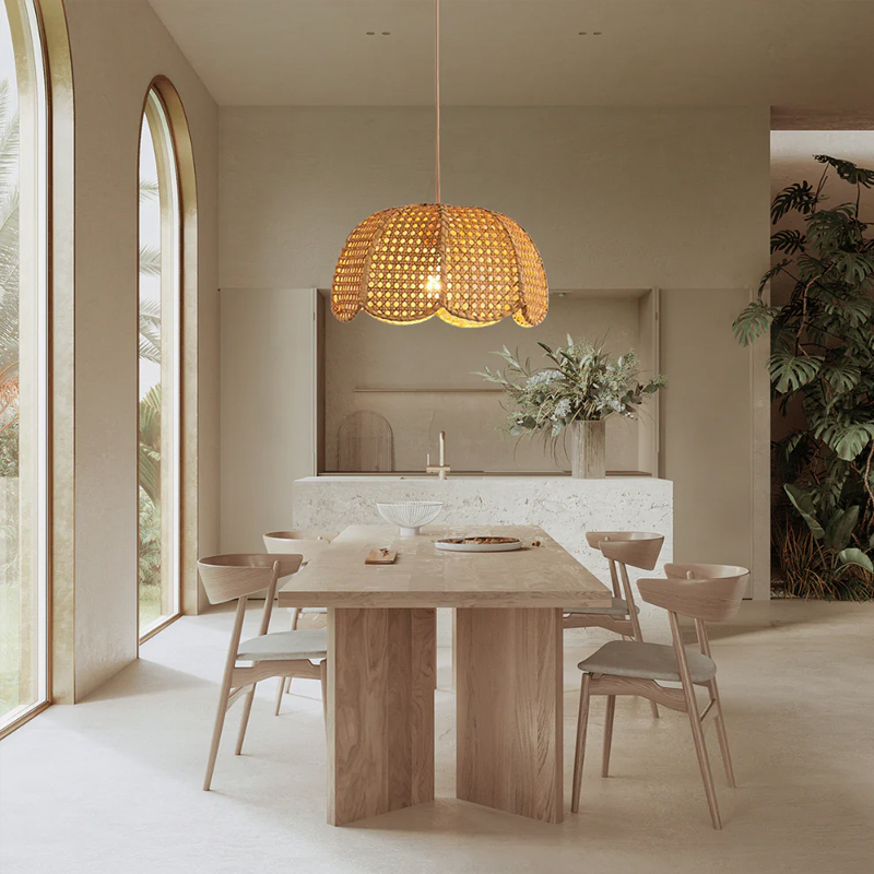 Rattan Scalloped Dome Pendant Lampshade Simplicity Rattan Hanging Chandelier