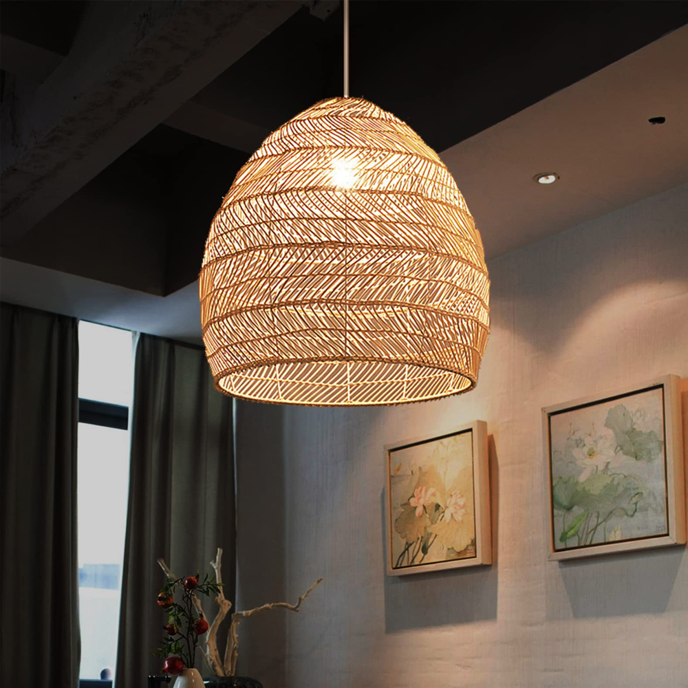 Bohemia Natural Rattan Woven Pendant Light Tatami Black Hanging Lamp Coastal Design
