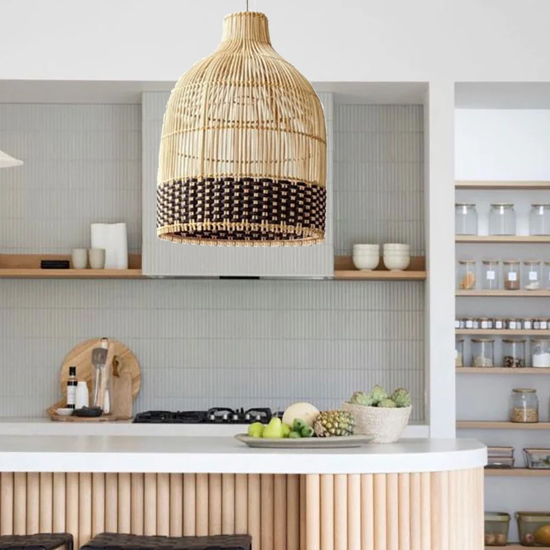 Hand Woven Black Rattan Pendant Lamp Shades Dining Room New Light Fixture