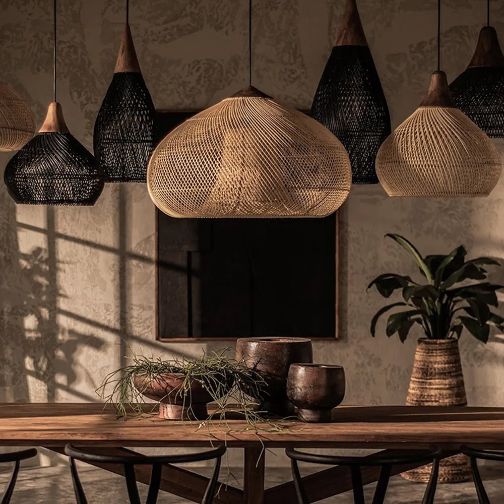 Rattan Pendant Light Wabi Sabi Style Retro Dining Room Chandelier