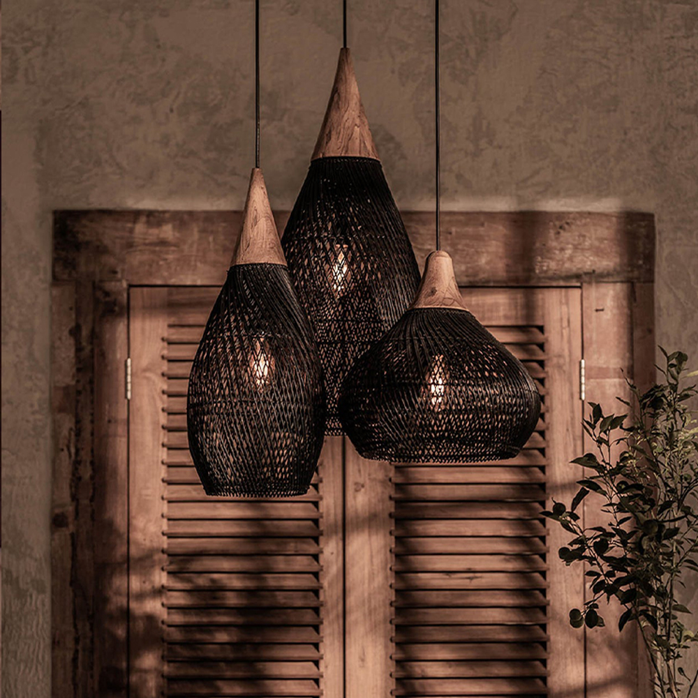 Wabi-sabi Retro Living Room Rattan Pendant Light Solid Wood Restaurant Lampshade