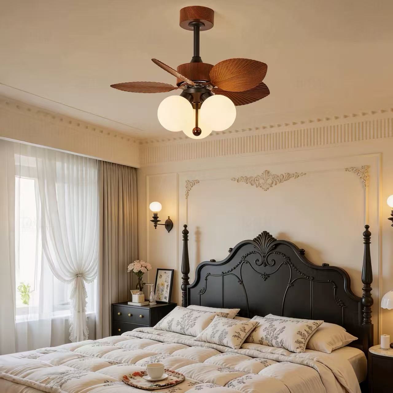 Midcentury Retro Palm Leaf Chandelier Fan Light with Wood Blades