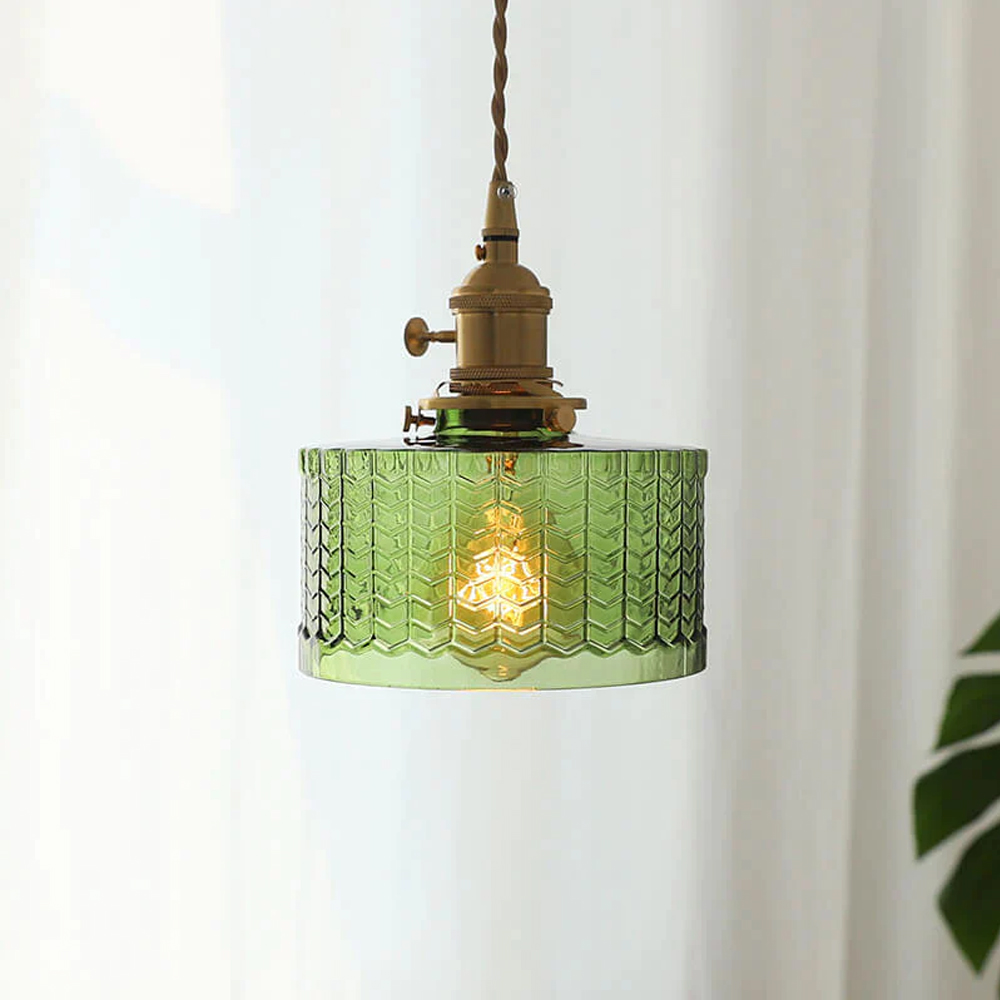 Classic Vintage Green Glass Pendant Light Cylinder Wavy Small Light Fixture